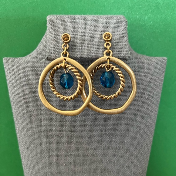 Brushed Gold Tone Circle Drop Pierced Earrings with Blue Acrylic Bead - Picture 2 of 7